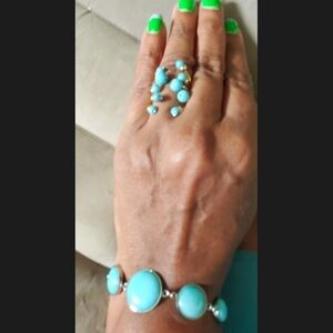 Blue Howlite Mother of Pearl Stainless Steel Bracelet Ring